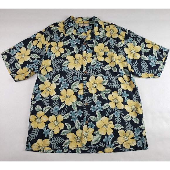 Tommy Bahama Silk Shirt Mens Large Black Yellow Flower Short Sleeve Button Front - Picture 1 of 9